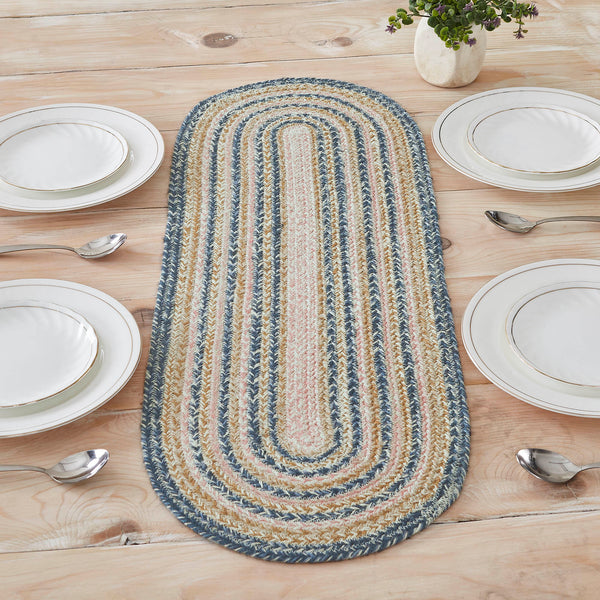 Kaila Jute Table,  rich texture of braided jute is given a modern twist with soft blue, golden tan and misty rose tones for a casual country boho style. 