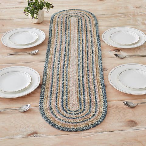 Kaila Jute Table Runner, The rich texture of braided jute is given a modern twist with soft blue, golden tan and misty rose tones for a casual country boho style.