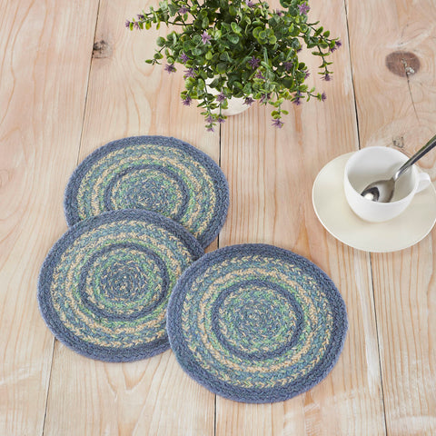 Jolie Jute Trivet Set of 3, each 8 inches round, in blue and green weave. Primitive country farmhouse style protects tables from heat and moisture.