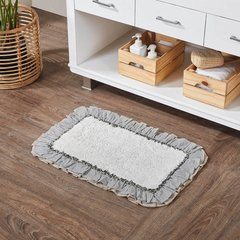 Ashmont Cotton Shower, Ashmont Ticking Shower, Bathmats Ashmont Bath Mat 20x30 features a solid creme core in premium, ultra absorbent cotton. It is trimmed with a ruffled ticking stripe fabric in warm grey and creme. 