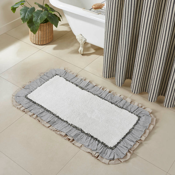 Ashmont Cotton Shower, Ashmont Ticking Shower, Bathmats The Ashmont Bath Mat 27x48 features a solid creme core in premium, ultra absorbent cotton. It is trimmed with a ruffled ticking stripe fabric in warm grey and creme. 