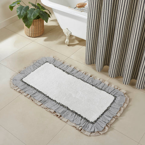 Ashmont Cotton Shower, Ashmont Ticking Shower, Bathmats The Ashmont Bath Mat 27x48 features a solid creme core in premium, ultra absorbent cotton. It is trimmed with a ruffled ticking stripe fabric in warm grey and creme. 