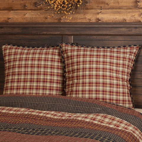 Beckham Fabric Euro Sham 26x26, Rust, gold, and black plaid fabric. Primitive Country Farmhouse Bedding Home Decor.