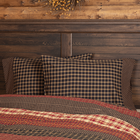 Add farmhouse country style with the Beckham pillow case set. Rustic black & tan plaid, 100% cotton, 21x30, primitive bedding set of 2.
