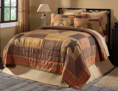Stratton King Quilt 105Wx95L, Dark Khaki, Red-Orange, Country Black, Primitive Country Farmhouse Bedding Home Decor.