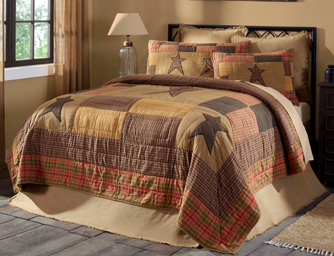 Stratton Queen Quilt 90Wx90L, large primitive star in a country inspired plaid set on a khaki ground.  Enjoy the muted mustard, brown, green and red orange, Primitive Country Farmhouse Bedding Home Decor.