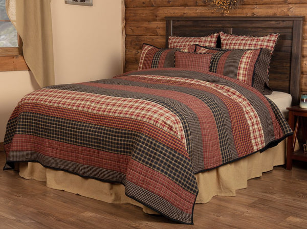 Beckham Twin Quilt 68Wx86L,  horizontal strips of plaid fabrics displaying rust, creme and black with gold accents. Primitive Country Farmhouse Bedding Home Decor.