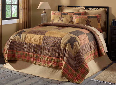 Stratton Twin Quilt 68Wx86L, muted mustard, brown, green and red orange.  Smaller primitive stars and block frame. Primitive Country Farmhouse Bedding Home Decor.