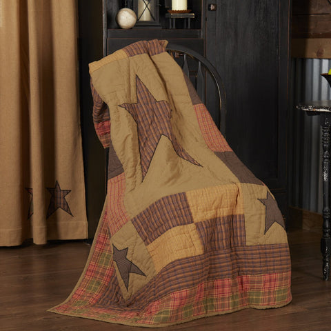 Stratton Quilted Throw, Features a centered 5-point primitive star with patchwork block border and 4 corner stars, dark khaki, red-orange, country black. Primitive Country Farmhouse Quilted Bedding Home Decor.