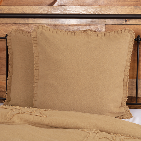 Burlap Natural Fabric Euro Sham with Fringed Ruffle 26x26, Tan, Primitive Country Farmhouse Bedding Home Decor.
