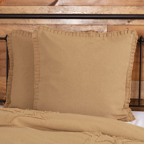 Burlap Natural Fabric Euro Sham with Fringed Ruffle 26x26, Tan, Primitive Country Farmhouse Bedding Home Decor.