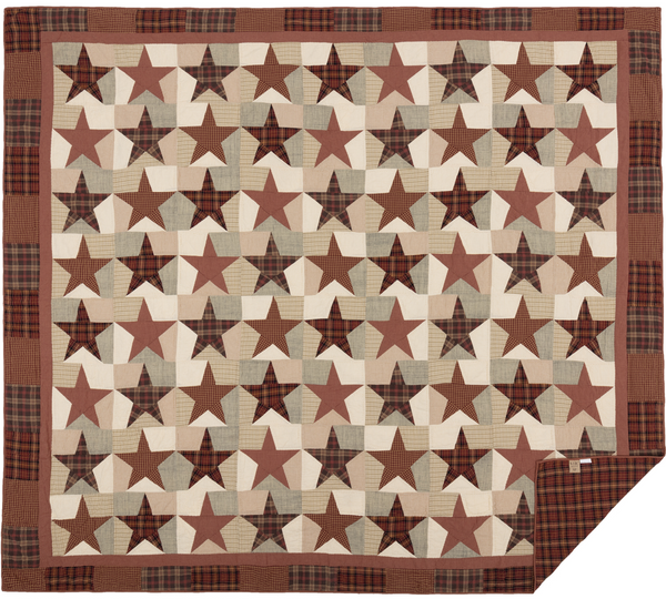 Abilene Star Luxury King Quilt 120Wx105L, Each block features a five-point star surrounded by contrasting color blocks, Burgundy, Tan, Dark Brown. Primitive Country Farmhouse Bedding Home Decor.