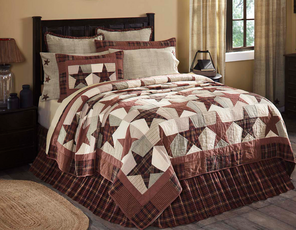 Abilene Star Queen Quilt 94Wx94L, Burgundy Tan Brown, Primitive Country Farmhouse Quilted Bedding Home Decor.