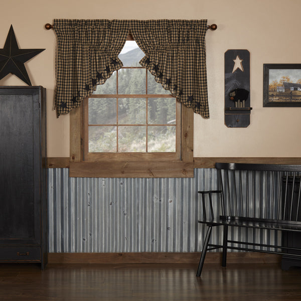 Black Star Scalloped Prairie Swag Set of 2 36x36x18, Primitive Country Farmhouse Window Treatments Curtains Home Decor.