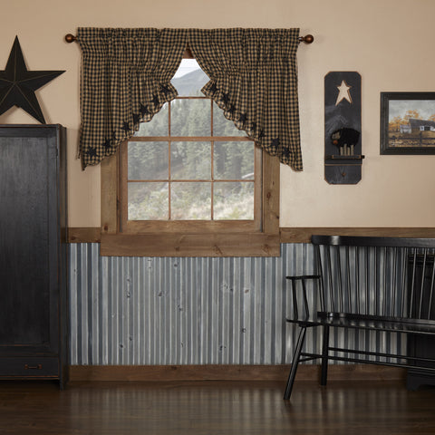 Black Star Scalloped Prairie Swag Set of 2 36x36x18, Primitive Country Farmhouse Window Treatments Curtains Home Decor.
