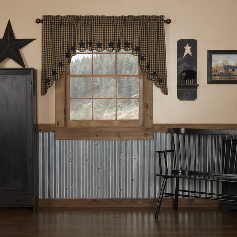 Black Star Scalloped Swag Set of 2 36x36x16, petite black and tan checks with 5 Point stars appliqued along the scalloped edge in solid black. Primitive Country Farmhouse Window Treatments Curtains Home Decor.