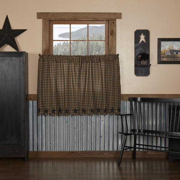 Black Star Scalloped Tier Set of 2 L36xW36, small black and tan checks with 5 Point stars appliqued along the scalloped edge in solid black.  Primitive Country Farmhouse Window Treatments Curtains Home Decor.