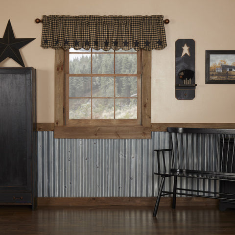 Black Star Scalloped Valance 16x72, black and tan check with applique stars, Primitive Country Farmhouse Window Treatments Curtains