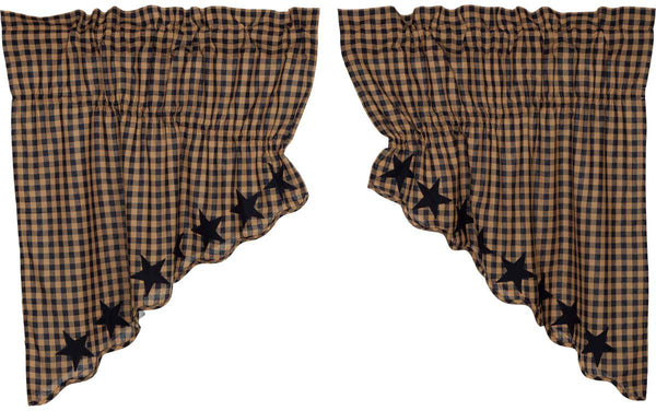 Navy Star Scalloped Prairie Swag Set of 2 36x36x18, Navy and tan check base fabric 5-point stars appliqued along the bottom in solid navy. Primitive Country Farmhouse Window Treatments Curtains Home Decor.