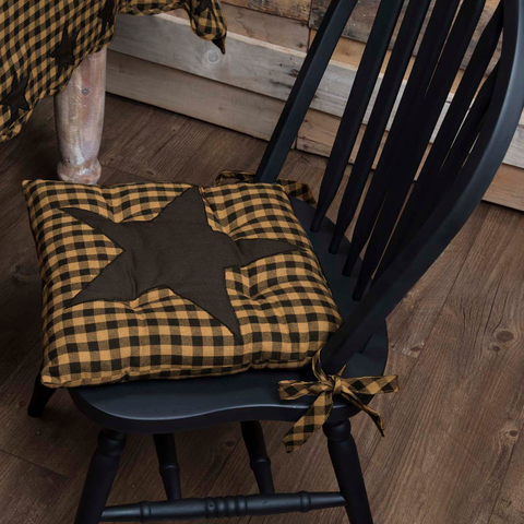 Black Star Chair Pad, Black and Khaki Check Primitive Country Farmhouse Kitchen Table Dining Home Decor.