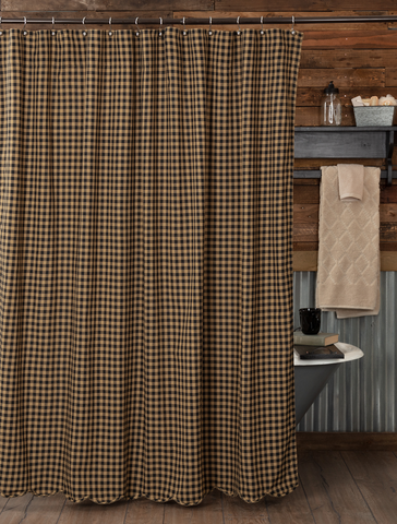 Black Check Scalloped Shower Curtain 72x72, Black and khaki checks, Primitive Country Farmhouse Shower Bath Bathroom Home Decor.
