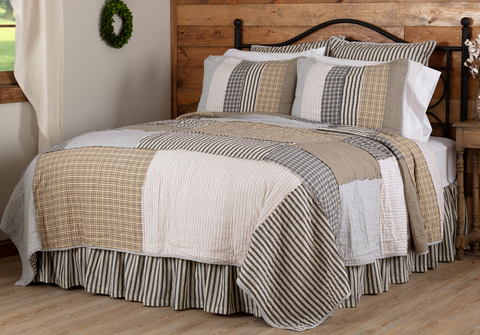 The bold and fun blocks of the Ashmont King Quilt are a timeless palette of warm grey, antiqued tan and vintage white. Primitive Country Farmhouse Bedding home Decor.