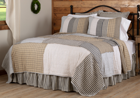 Ashmont Queen Quilt 94Wx94L, Each block is finished with reverse seams for added texture on this timeless palette of warm grey, antiqued tan, and vintage white. Primitive Country Farmhouse Bedding Home Decor.