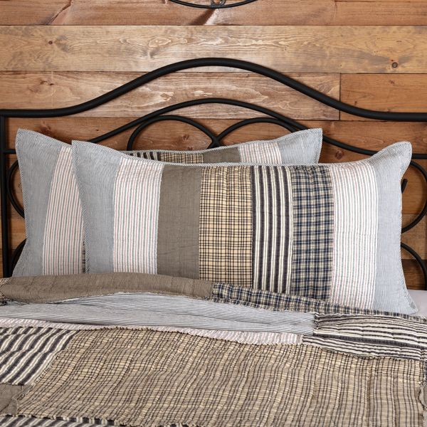 Ashmont King Sham 21x37, Vertical fabric strip layout compliments the large block pattern in the quilt. Warm Grey, Vintage White, Washed Blue. Primitive Country Farmhouse Bedding Home Decor.