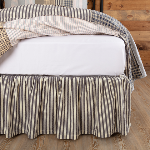 Ashmont Queen Bed Skirt 60x80x16, Charcoal and creme ticking stripe seersucker , Primitive Country Farmhouse Bedding Dust Ruffle Home Decor.