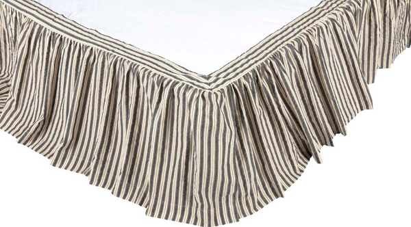 Ashmont Queen Bed Skirt 60x80x16, Charcoal and creme ticking stripe seersucker , Primitive Country Farmhouse Bedding Dust Ruffle Home Decor.