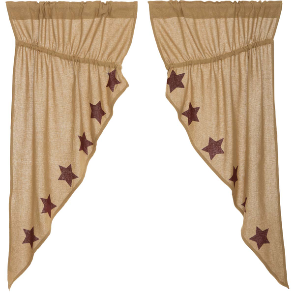 Burlap with Burgundy Stencil Stars Prairie Short Panel Set 63x36x18, Soft natural cotton burlap Stenciled burgundy 5-point stars along inside edges. Primitive Country Farmhouse Window Treatments Curtains Home Decor.