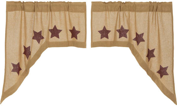 Burlap with Burgundy Stencil Stars Swag Set of 2 36x36x16, Soft natural cotton burlap Stenciled burgundy 5-point stars along inside edges. Primitive Country Farmhouse Window Treatments Curtains Home Decor.
