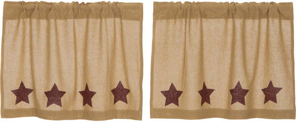 Burlap with Burgundy Stencil Stars Tier Set of 2 L24xW36, Soft natural cotton burlap Stenciled burgundy 5-point stars along bottom edge. Primitive Country Farmhouse Window Treatments Curtains Home Decor.