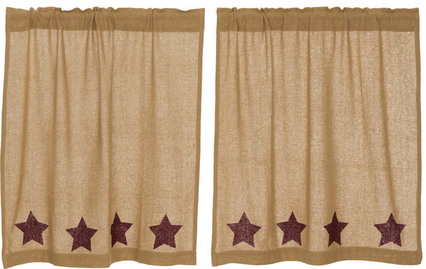 Burlap with Burgundy Stencil Stars Tier Set of 2 L36xW36 Primitive Country Farmhouse Window Treatments Curtains Home Decor.