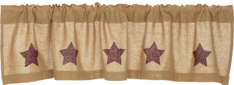 Burlap with Burgundy Stencil Stars Valance 16x72, Primitive Country Farmhouse Window Treatments Curtains.