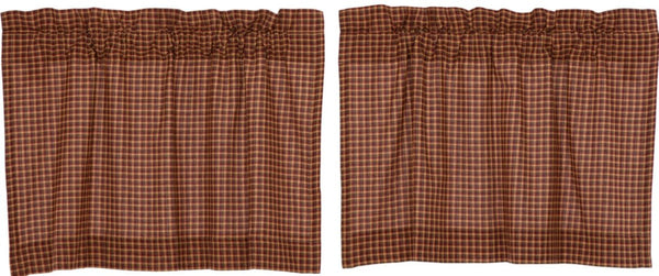 Patriotic Patch Plaid Tier Set of 2 L24xW36, Small scale red, tan, and navy plaid fabric. Primitive Country Farmhouse Window Treatments Curtains Home Decor.