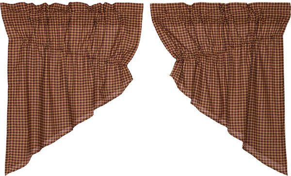 Patriotic Patch Plaid Prairie Swag Set of 2 36x36x18, Small scale red, tan, and navy plaid fabric. Primitive Country Farmhouse Window Treatments Curtains Home Decor.