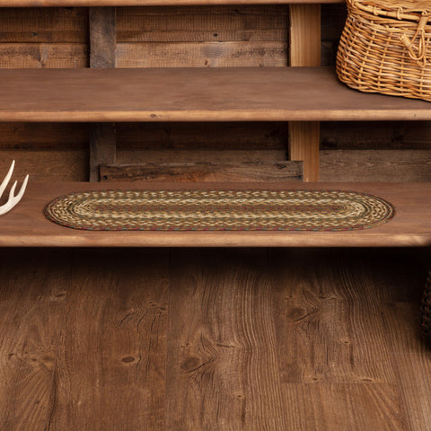 Tea Cabin Jute Stair Tread Oval 8.5 x 27 in. Alternating braids of crimson, moss green, sage green, and creme. Primitive Country Farmhouse Rugs Home Decor & Accessories.