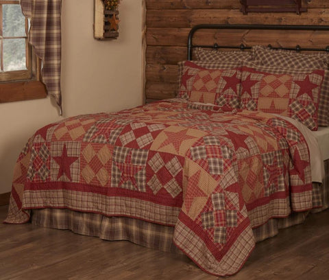 Dawson Star Queen Quilt,  rustic colors, including khaki, burgundy, and woodland brown plaid in diagonal rows of alternating 5 point stars and five patch blocks. Primitive Country Farmhouse Bedding Home Decor.