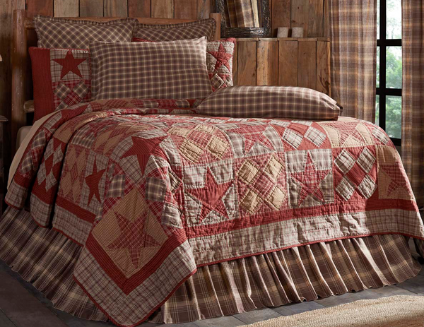 Dawson Star California King Quilt 130Wx115L, khaki, burgundy, and woodland brown plaid in diagonal rows of alternating 5 point stars and five patch blocks. Primitive Country Farmhouse Bedding Home Decor.