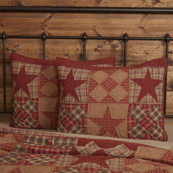 Dawson Star Standard Sham 21x27, khaki, burgundy, and woodland brown plaid patchwork, in rows of alternating 5-point stars and five patch blocks. Primitive Country Farmhouse Quilted Bedding Home Decor.
