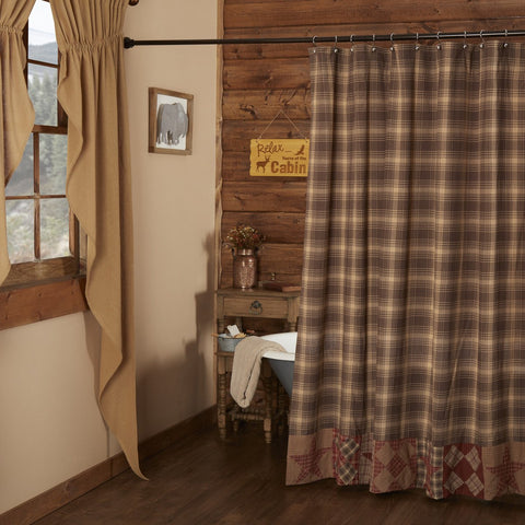 Dawson Star Patchwork Shower Curtain 72x72, burgundy, tan, and brown alternates five-point stars and five patch blocks. Primitive Country Farmhouse Bath Bathroom Home Decor.