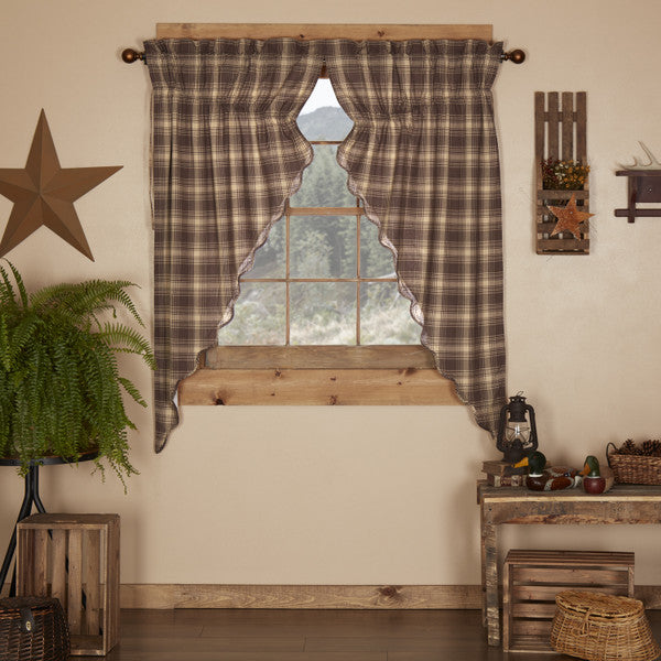 Dawson Star Scalloped Prairie Short Panel Set of 2 63x36x18, Woodland brown and khaki plaid cotton fabric. Primitive Country Farmhouse Window Treatments Curtains Home Decor.