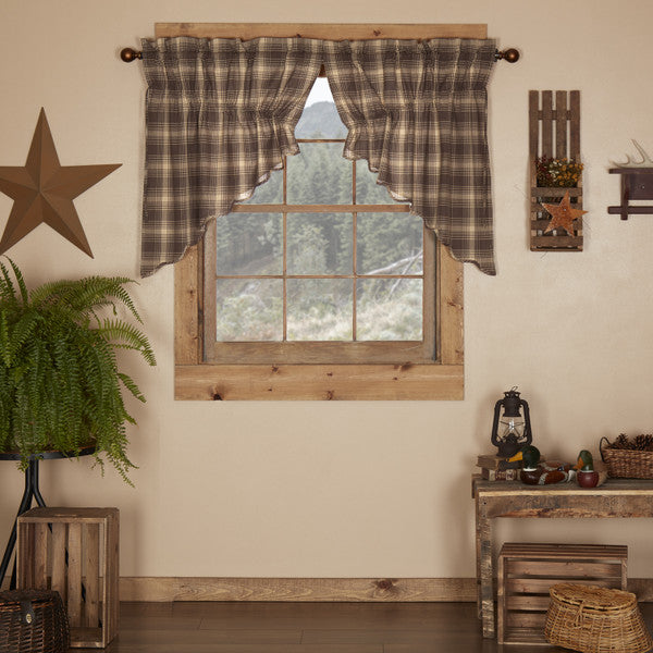 Dawson Star Scalloped Prairie Swag Set of 2 36x36x18, Woodland brown and khaki plaid cotton fabric. Primitive Country Farmhouse Window Treatments Curtains Home Decor.