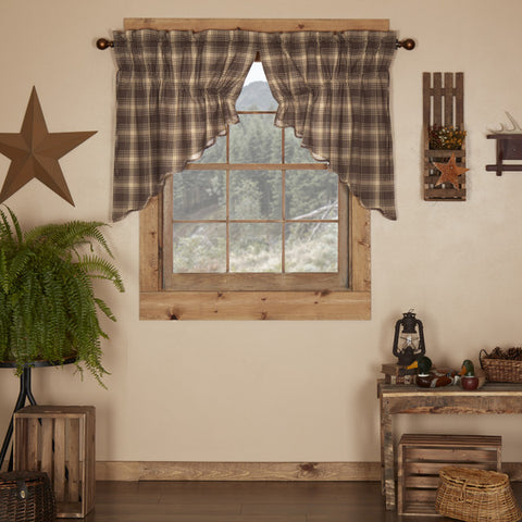 Dawson Star Scalloped Prairie Swag Set of 2 36x36x18, Woodland brown and khaki plaid cotton fabric. Primitive Country Farmhouse Window Treatments Curtains Home Decor.