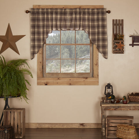 Dawson Star Scalloped Swag Set of 2 36x36x16, dark woodland brown and tan plaid. Primitive Country Farmhouse Window Treatments Curtains Home Decor.