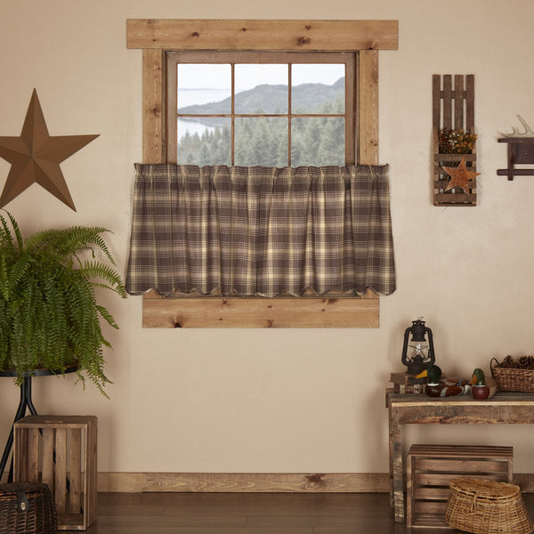 Dawson Star Scalloped Tier Set of 2 L24xW36, Woodland Brown, Khaki. Primitive Country Farmhouse Window Treatments Curtains home Decor.