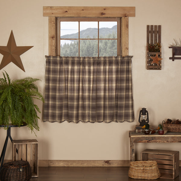 Dawson Star Scalloped Tier Set of 2 L36xW36 featuring dark woodland brown and khaki plaid with a classic scalloped edge. Primitive Country Farmhouse Window Treatments Curtains Home Decor.