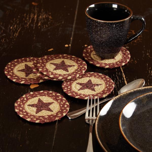 Burgundy Tan Jute Coaster Stencil Star Set of 6, Primitive Country Farmhouse Braided Kitchen Table Dining