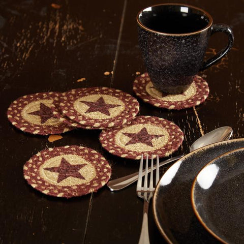 Burgundy Tan Jute Coaster Stencil Star Set of 6, Primitive Country Farmhouse Braided Kitchen Table Dining